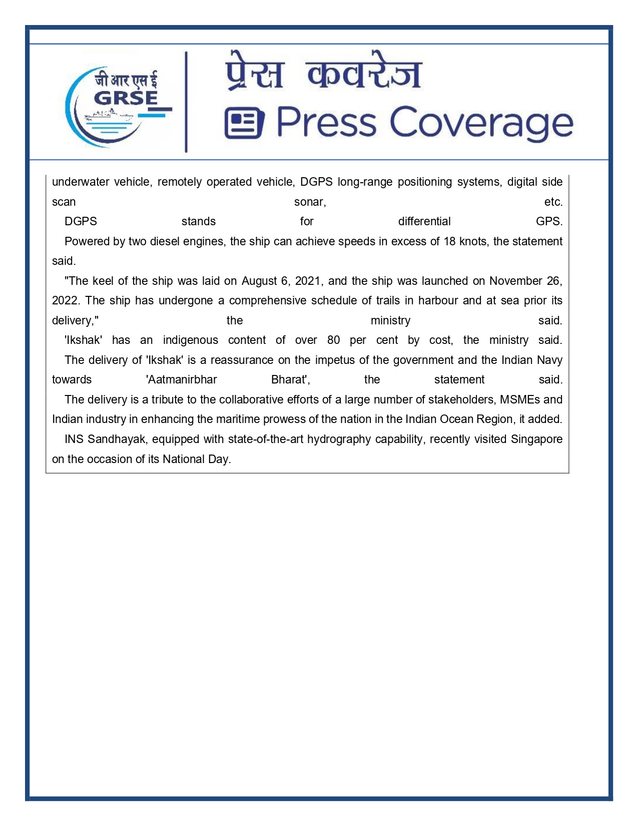 Press Coverage : 15 Aug 25:Navy takes delivery of Third Survey Vessel 'Ikshak' from GRSE